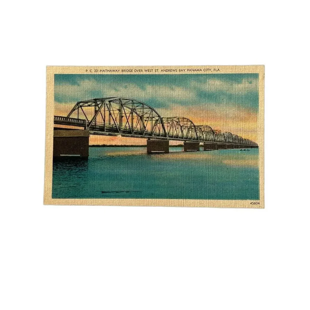 Vtg Litho Postcard 1940s Linen Hathaway Bridge Panama City FL Asheville PC Co NC